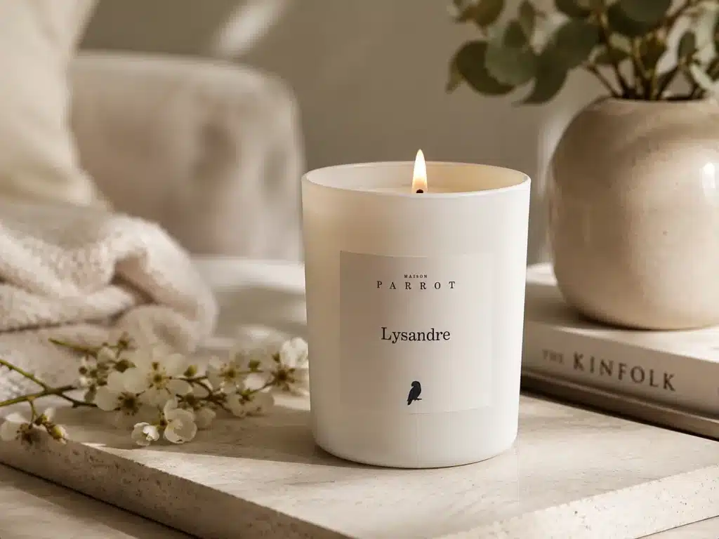 Bougie personnalisée blanche avec étiquette sur-mesure, exemple de création marque blanche par MA CONCEPTION