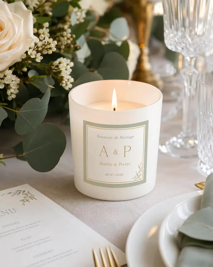 Bougie mariage personnalisée blanche avec étiquette