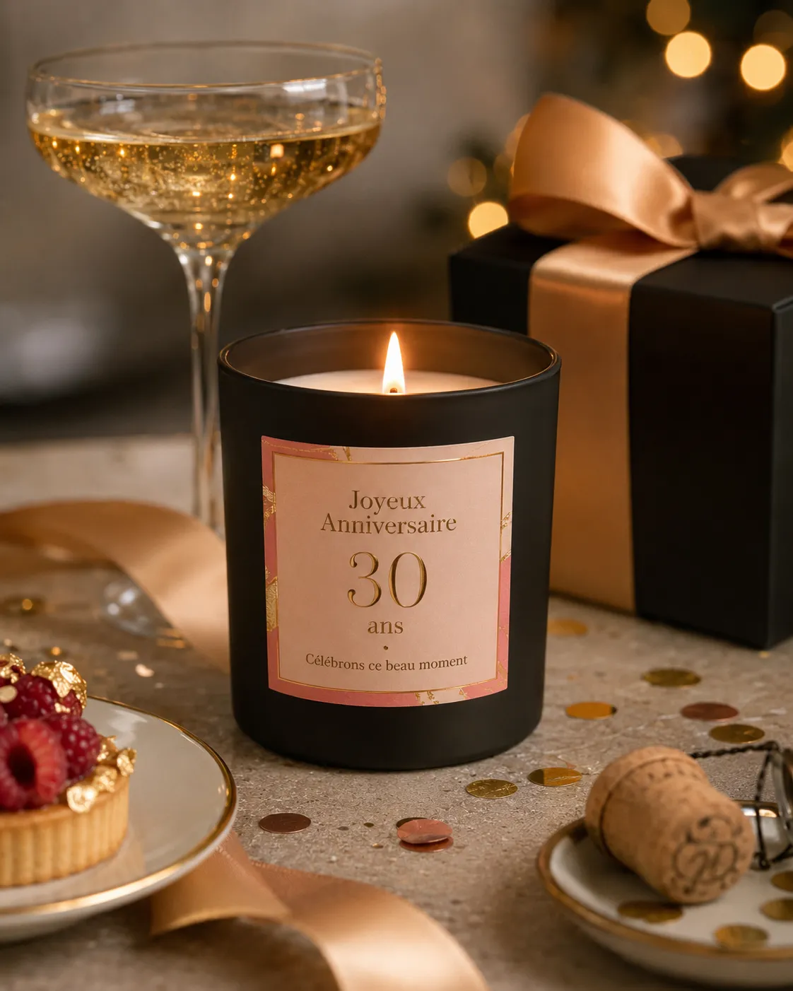 Bougie personnalisée anniversaire noir avec etiquette
