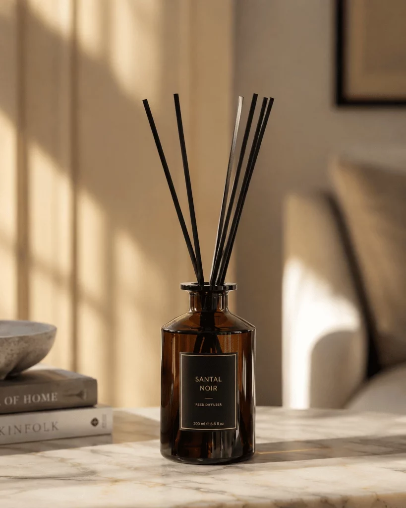 Diffuseur à bâtons parfum de maison sur mesure couleur ambré avec étiquette personnalisée